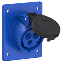 Pin and Sleeve Receptacle Outlet Devices 888-1217-NS IEC 60309 Panel Mount Receptacle Angled Type, IP44 Rated, 20A 250V, 16A 220-250V, 6H, IEC 309 International Pin and Sleeve Devices 